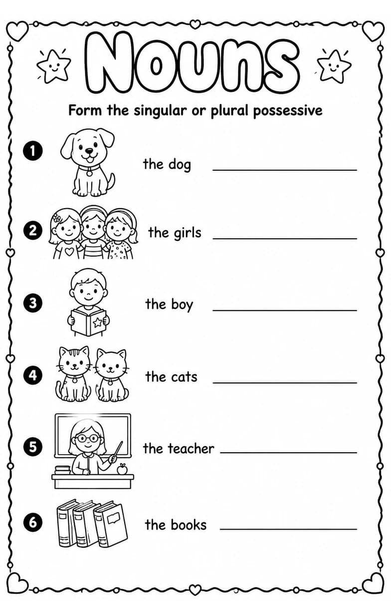 Form the singular or plural possessive — free printable Grade 4 English & Reading worksheet