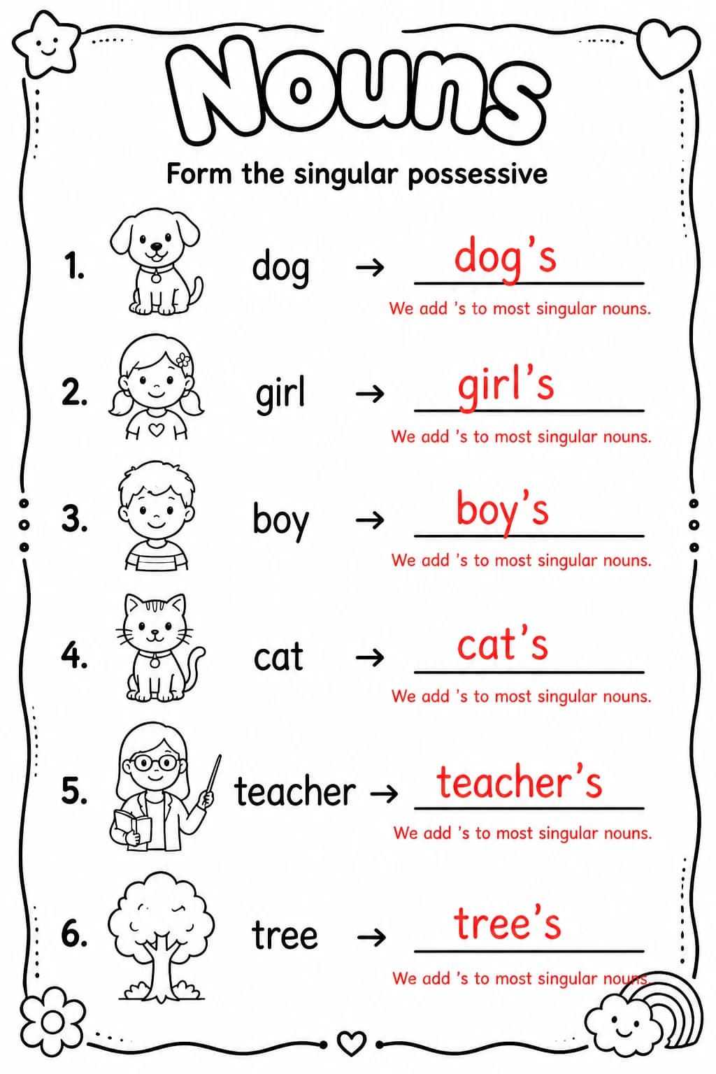Answer key for Form the singular possessive — free printable English & Reading worksheet