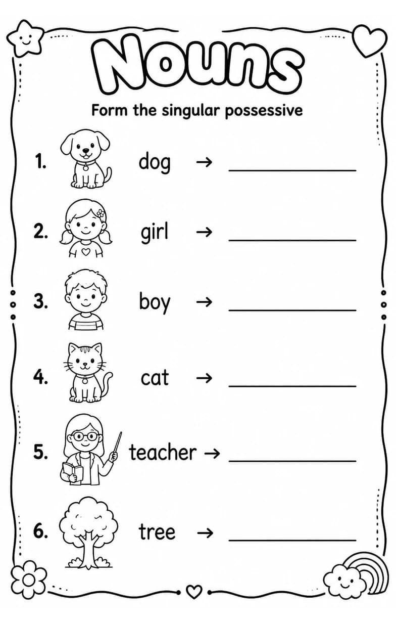 Form the singular possessive — free printable Grade 1 English & Reading worksheet