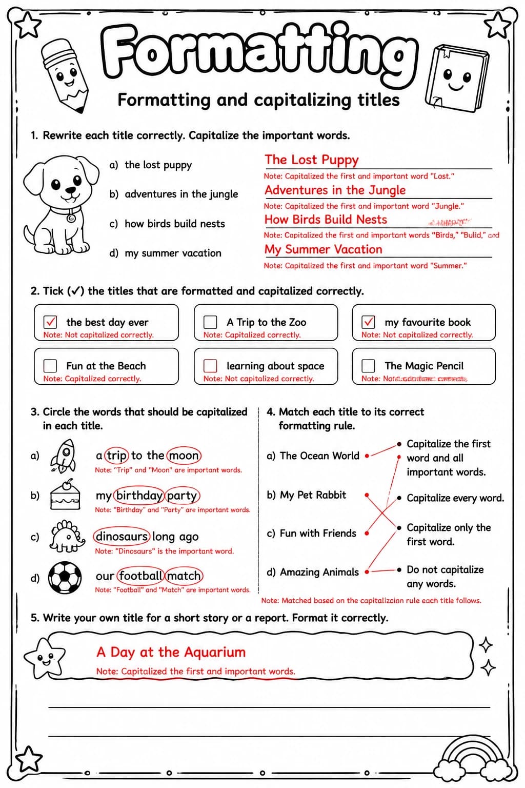 Answer key for Formatting and capitalizing titles — free printable English & Reading worksheet