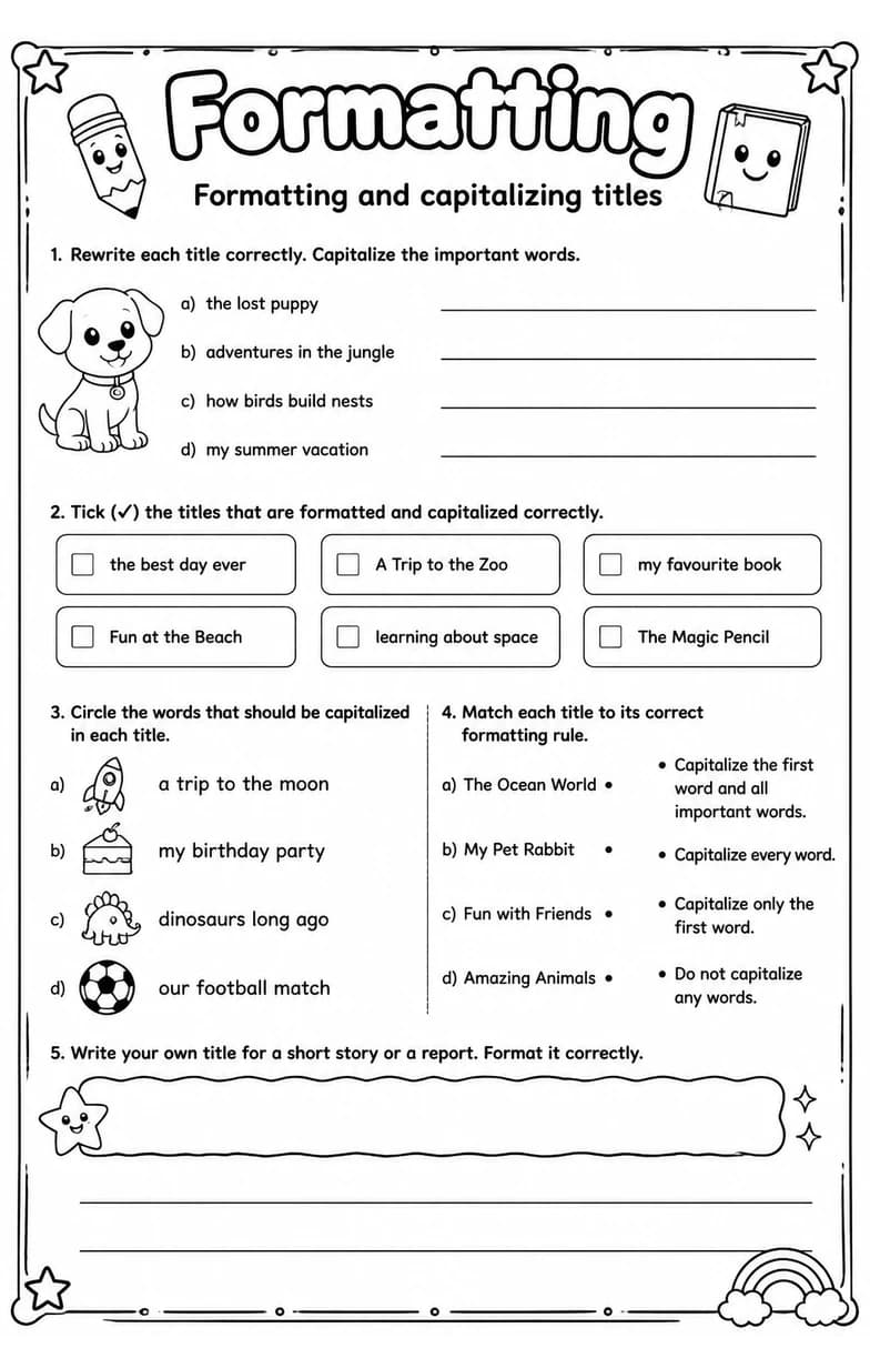 Formatting and capitalizing titles — free printable Grade 3 English & Reading worksheet