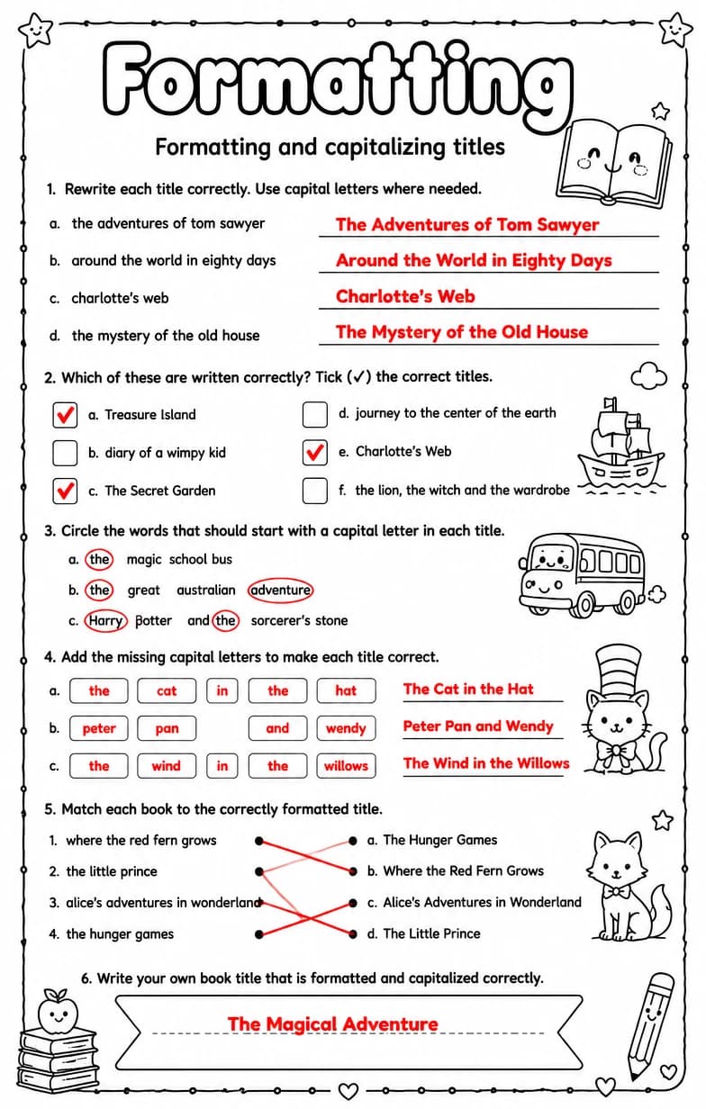Answer key for Formatting and capitalizing titles — free printable English & Reading worksheet