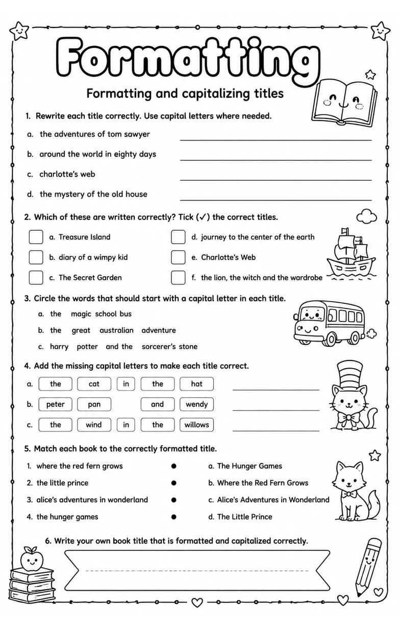 Formatting and capitalizing titles — free printable Grade 4 English & Reading worksheet