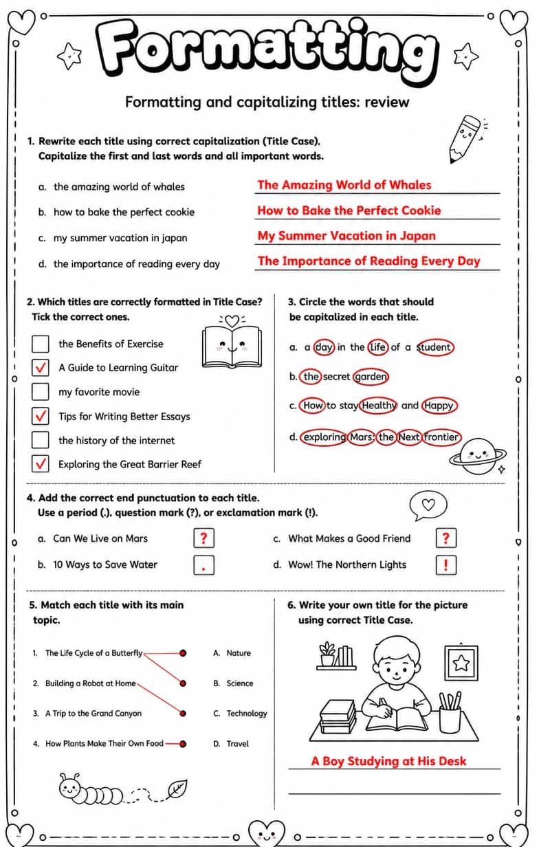 Answer key for Formatting and capitalizing titles: review — free printable English & Reading worksheet
