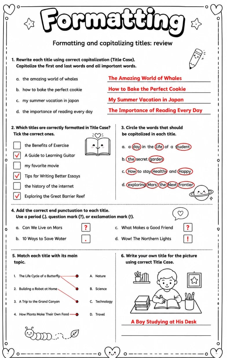 Answer key for Formatting and capitalizing titles: review — free printable English & Reading worksheet