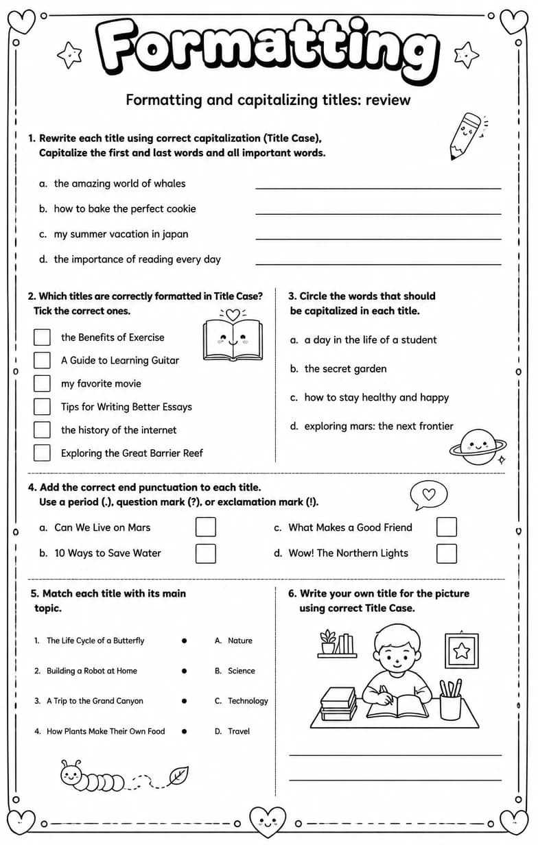 Formatting and capitalizing titles: review — free printable Grammar and mechanics English worksheet