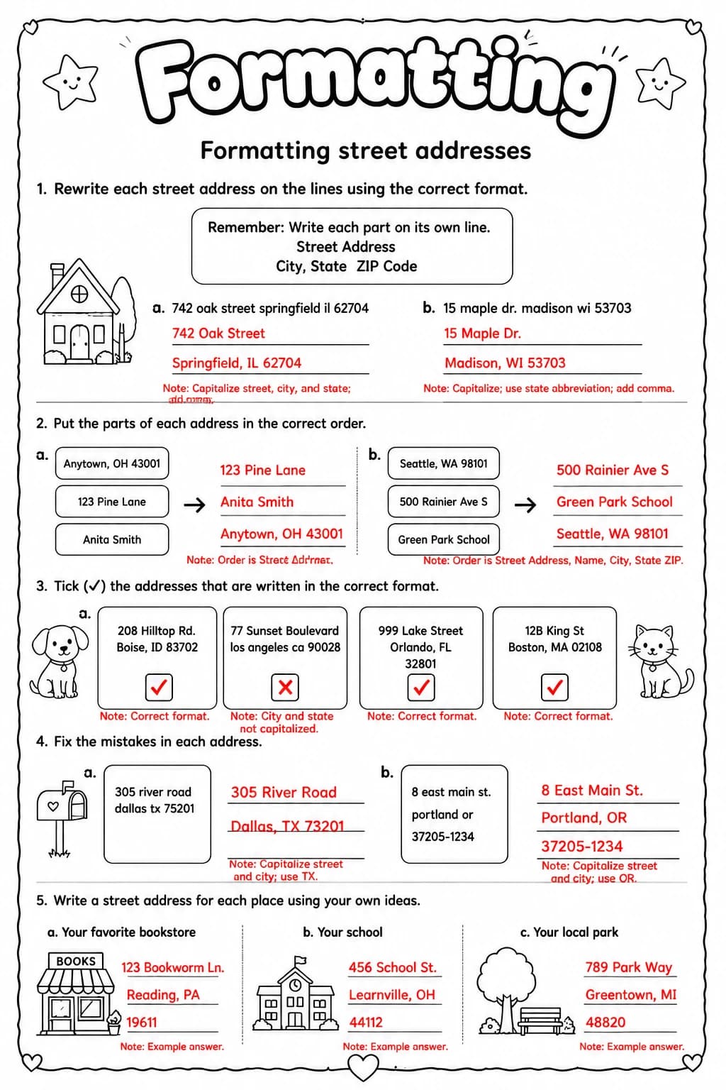 Answer key for Formatting street addresses — free printable English & Reading worksheet