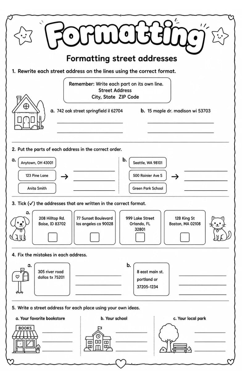 Formatting street addresses — free printable Grade 3 English & Reading worksheet