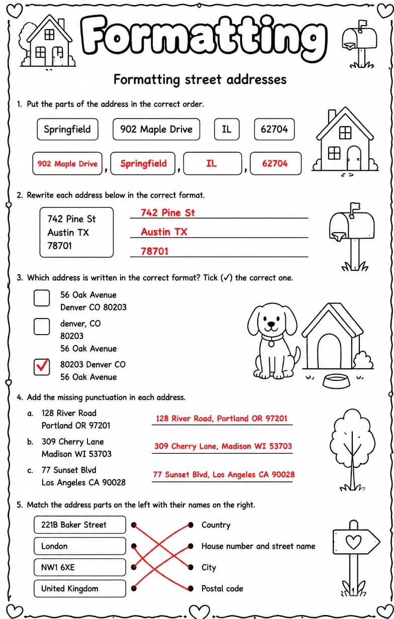 Answer key for Formatting street addresses — free printable English & Reading worksheet
