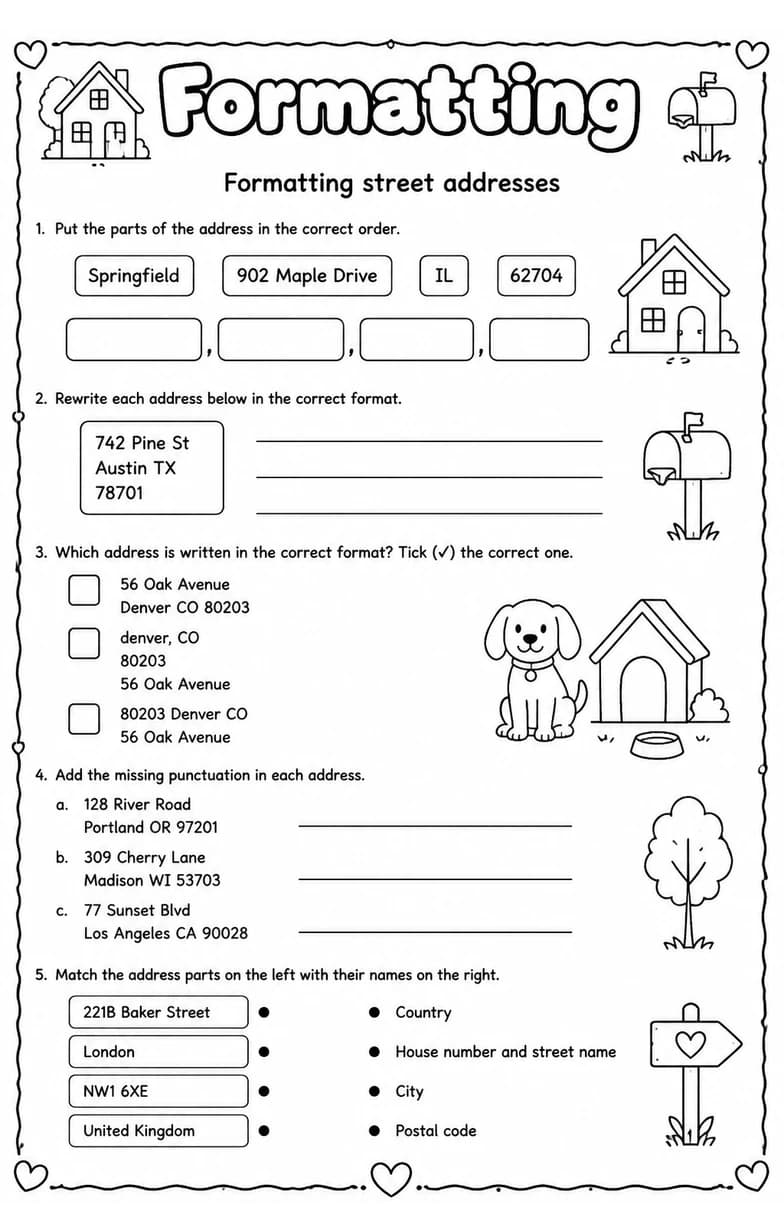 Formatting street addresses — free printable Grammar and mechanics English worksheet