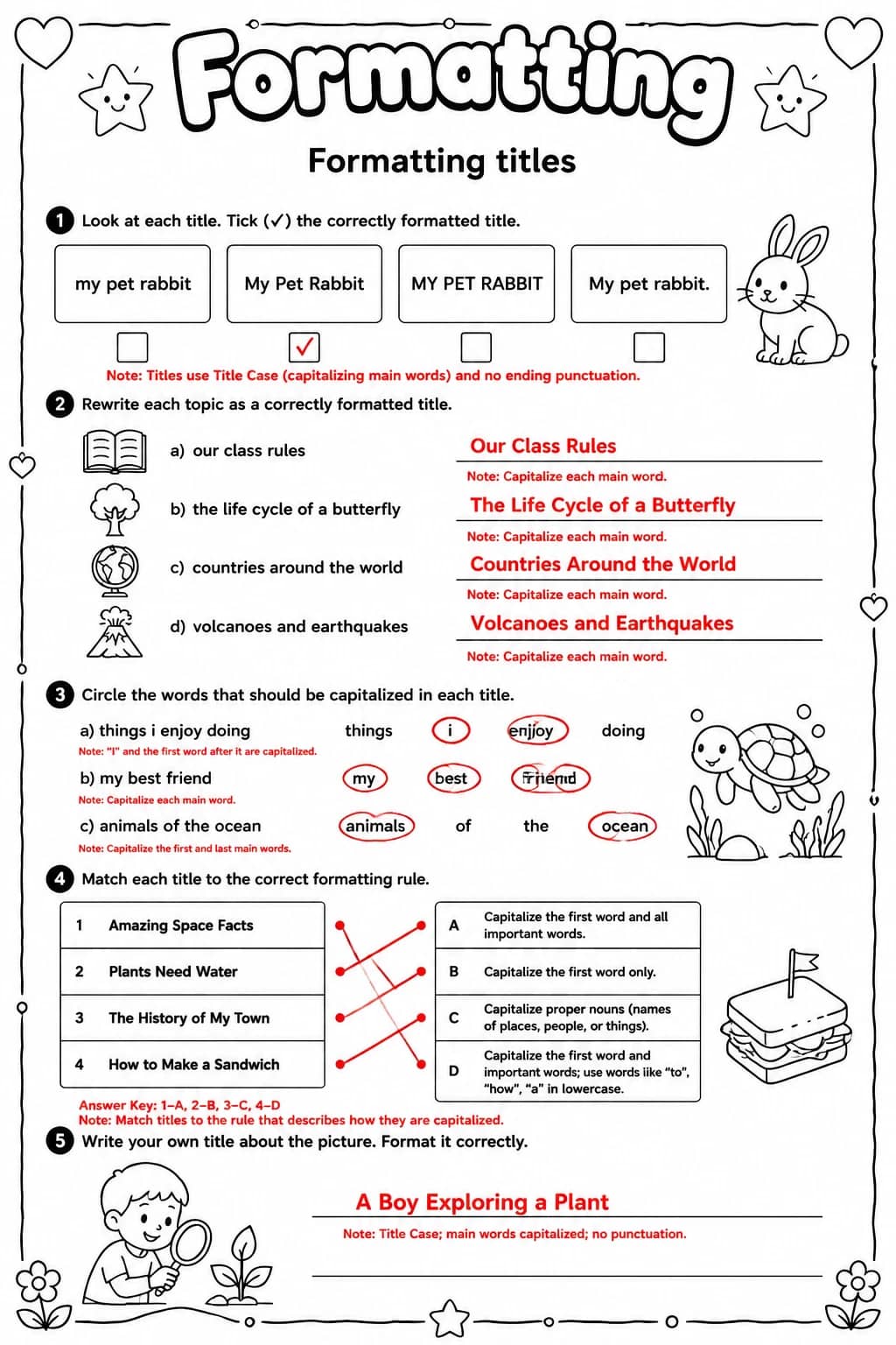 Answer key for Formatting titles — free printable English & Reading worksheet