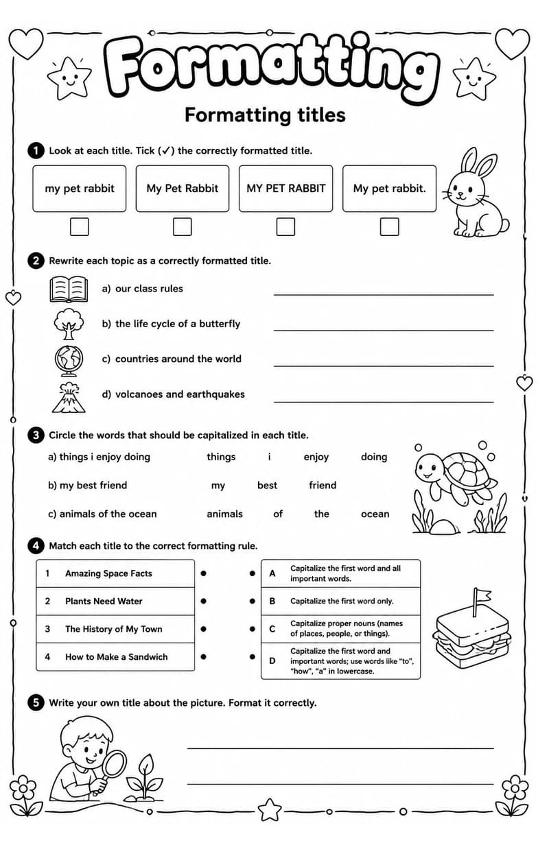 Formatting titles — free printable Grade 3 English & Reading worksheet