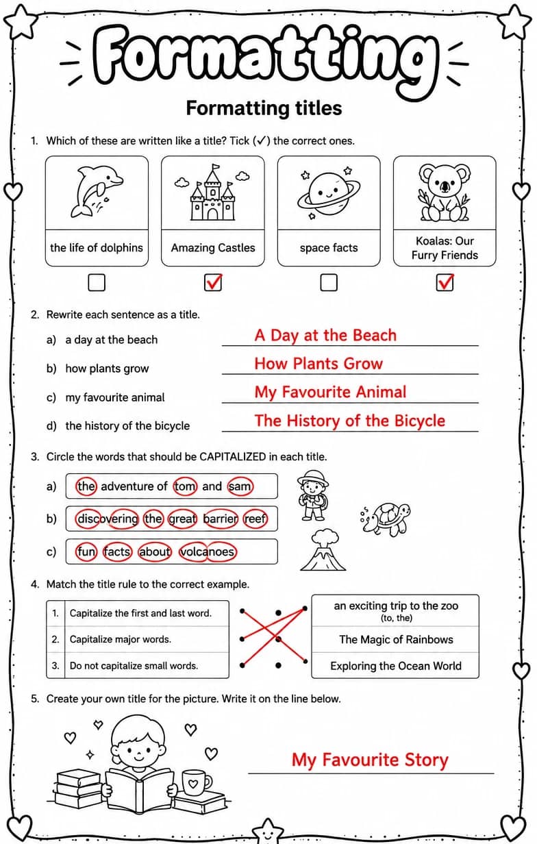 Answer key for Formatting titles — free printable English & Reading worksheet