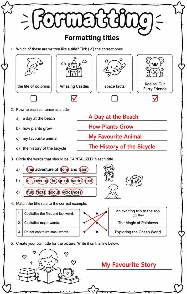 Answer key for Formatting titles — free printable English & Reading worksheet