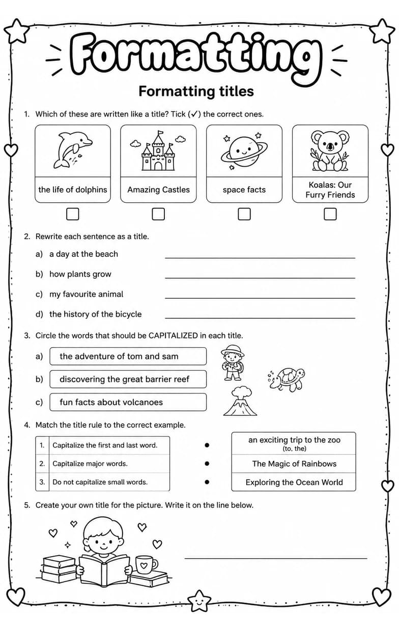 Formatting titles — free printable Grade 4 English & Reading worksheet