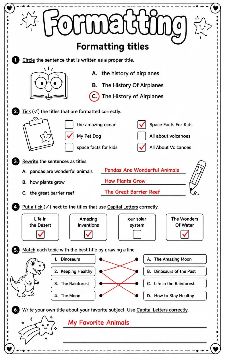 Answer key for Formatting titles — free printable English & Reading worksheet