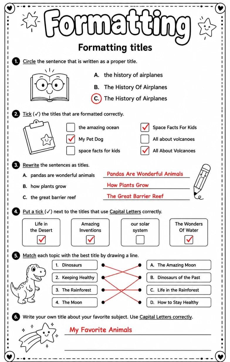Answer key for Formatting titles — free printable English & Reading worksheet