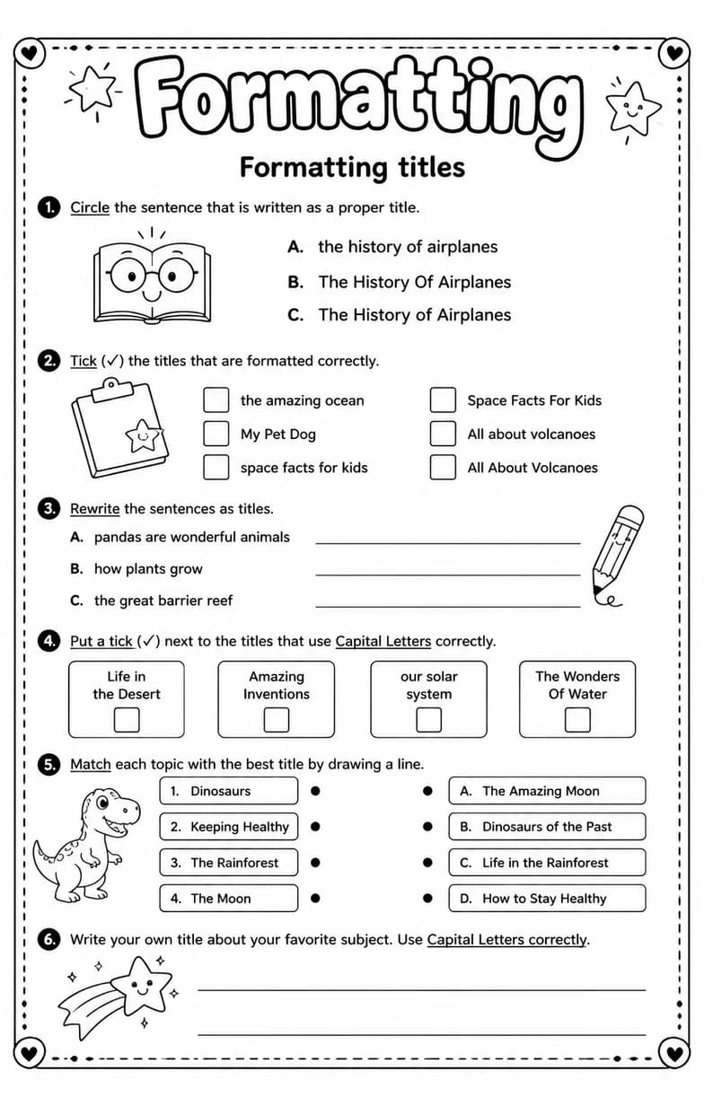 Formatting titles — free printable Grade 5 English & Reading worksheet