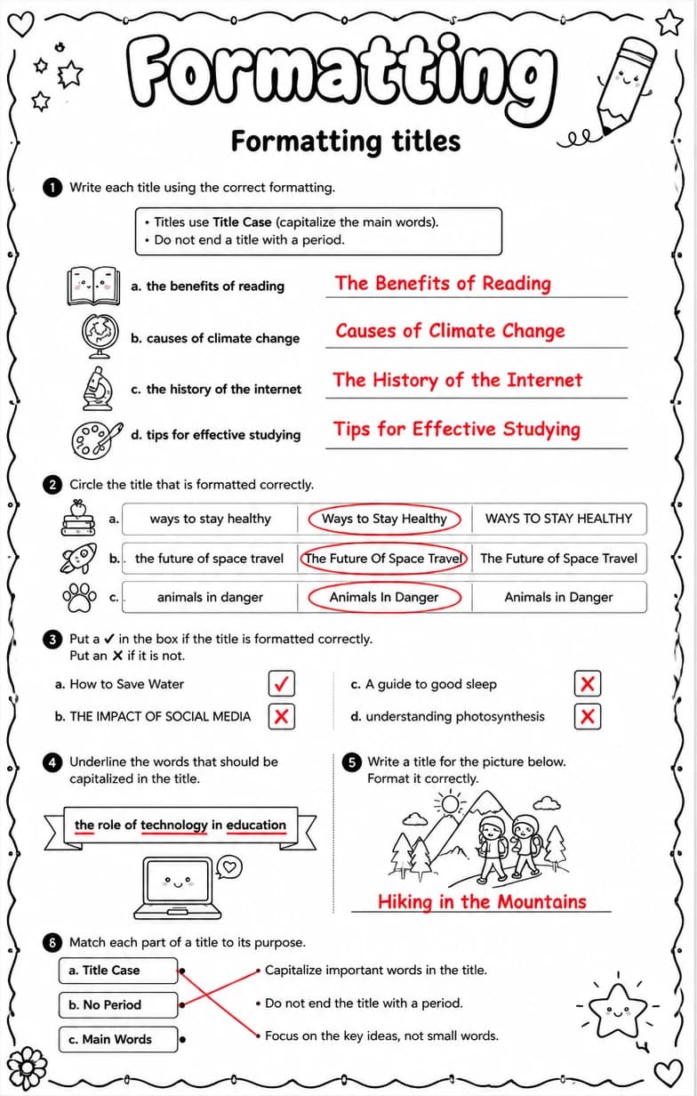 Answer key for Formatting titles — free printable English & Reading worksheet