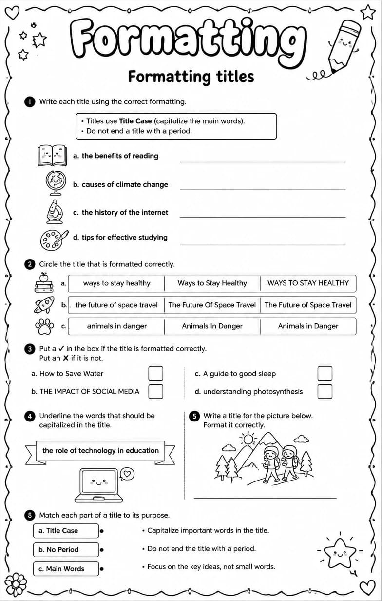 Formatting titles — free printable Grammar and mechanics English worksheet