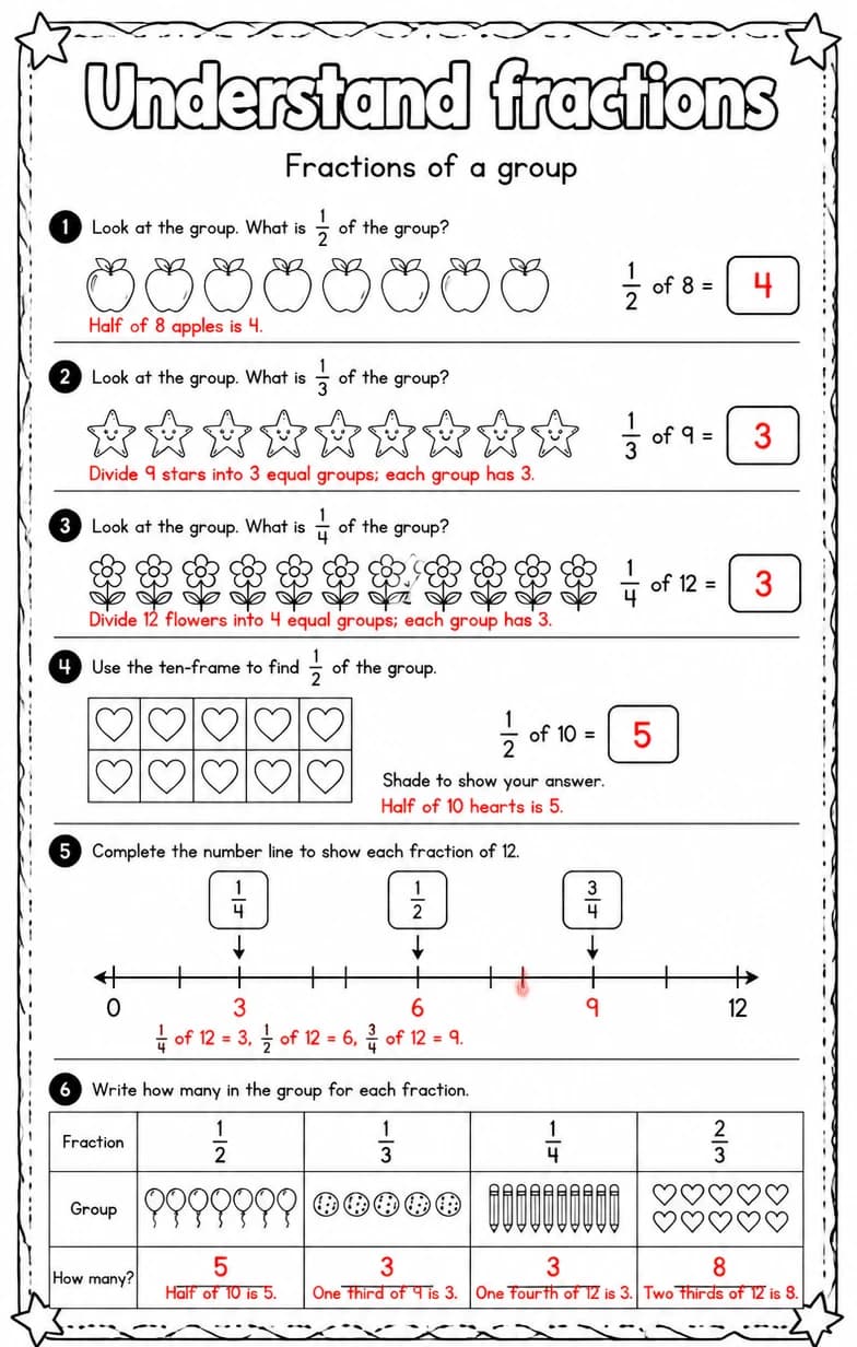 Answer key for Fractions of a group — free printable Math worksheet