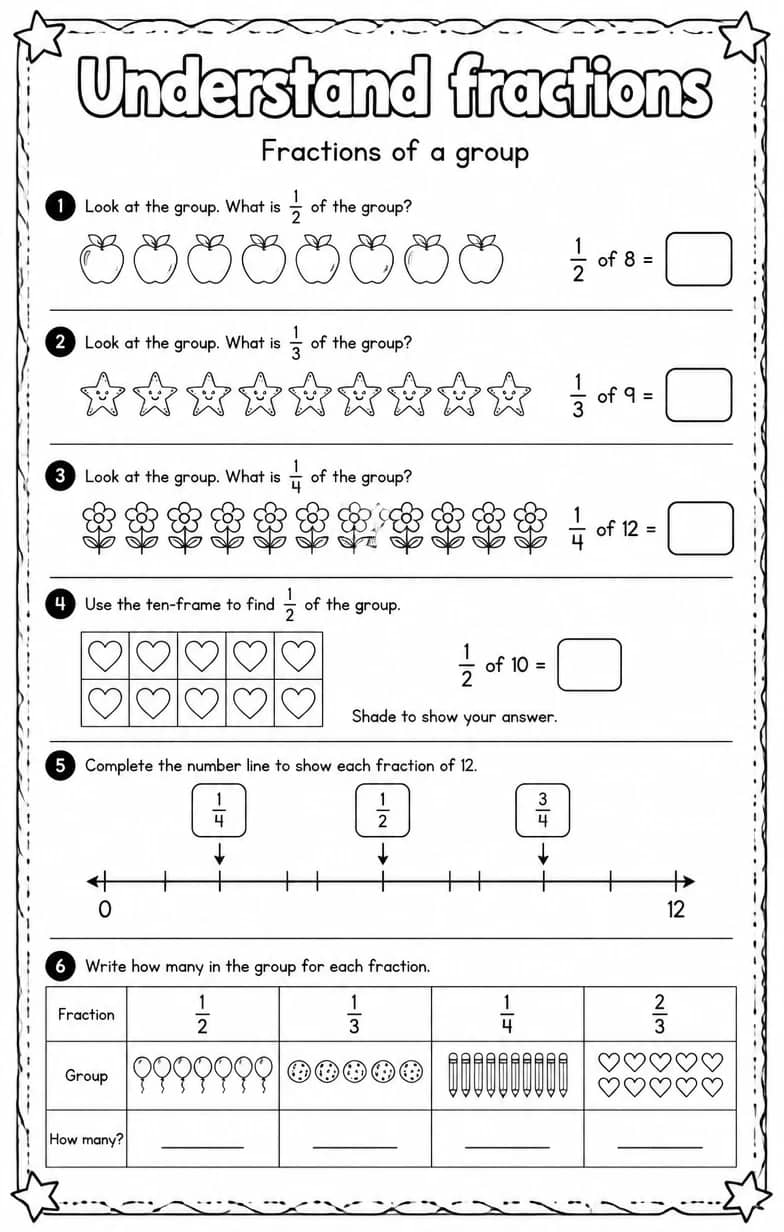 Fractions of a group — free printable Grade 3 math worksheet