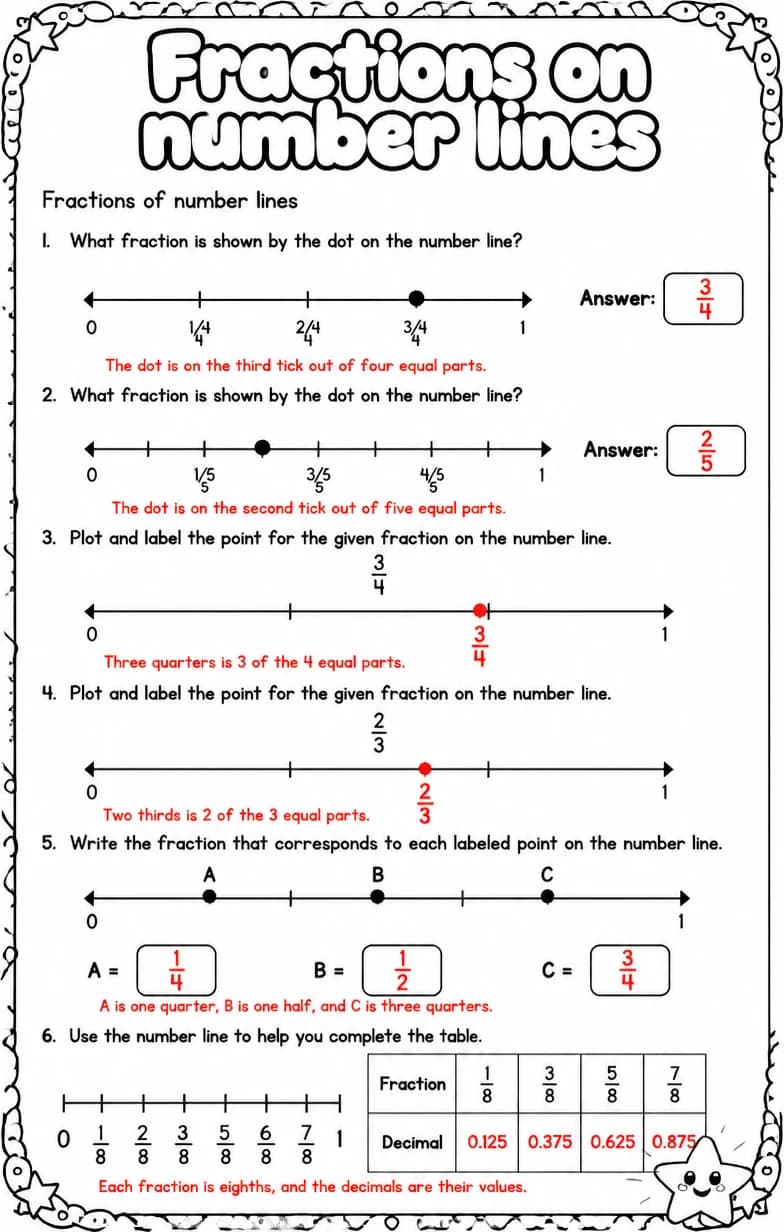 Answer key for Fractions of number lines — free printable Math worksheet