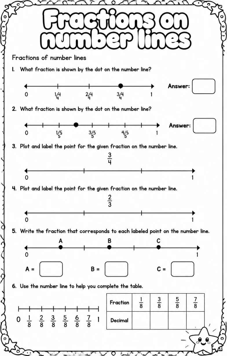 Fractions of number lines — free printable Grade 3 Math worksheet