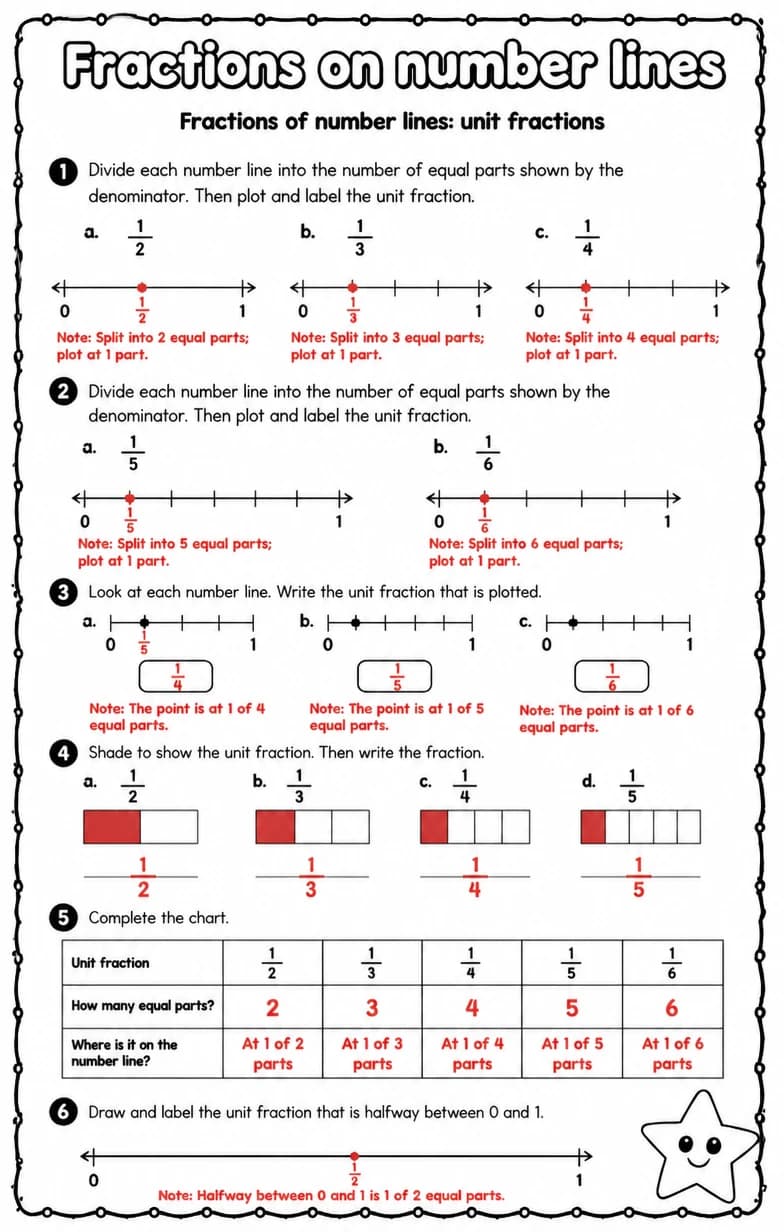 Answer key for Fractions of number lines: unit fractions — free printable Math worksheet