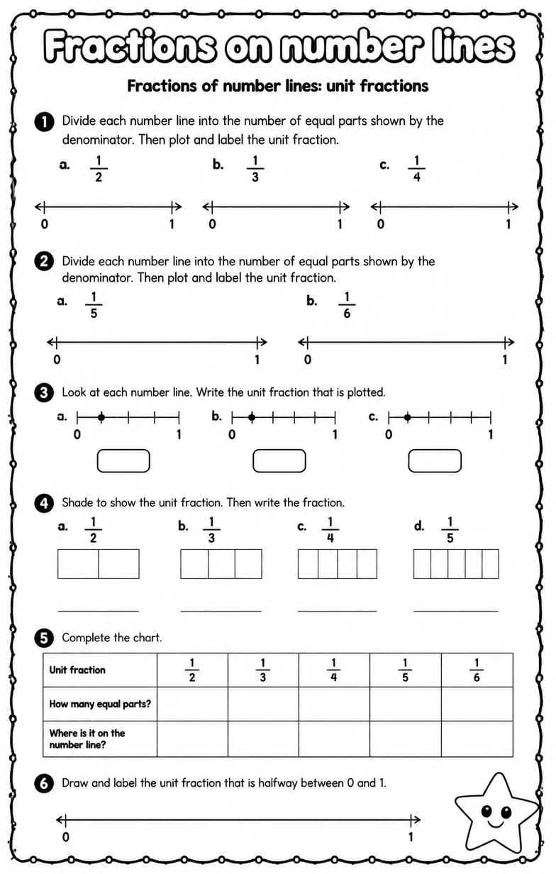 Fractions of number lines: unit fractions — free printable Grade 3 Math worksheet