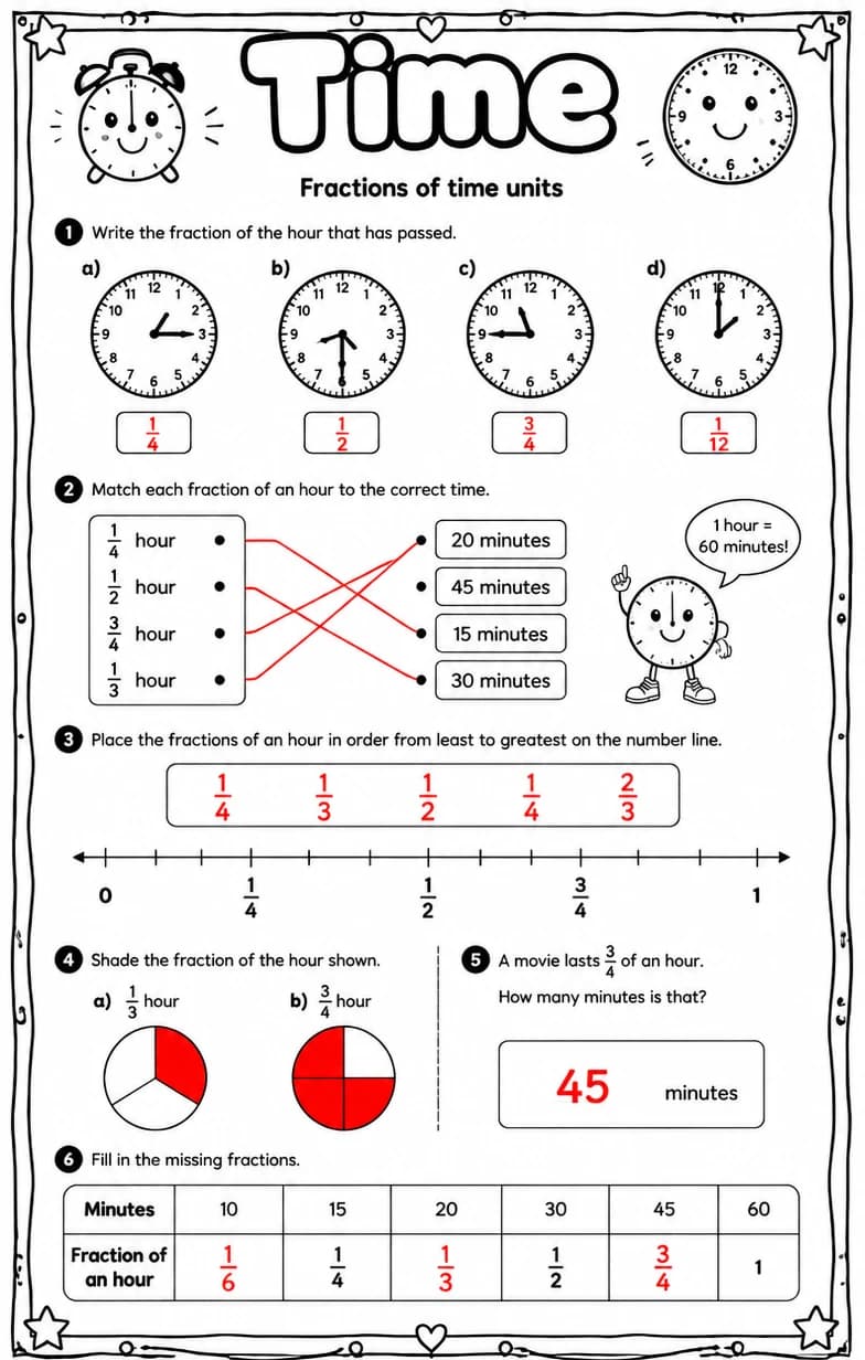 Answer key for Fractions of time units — free printable Math worksheet