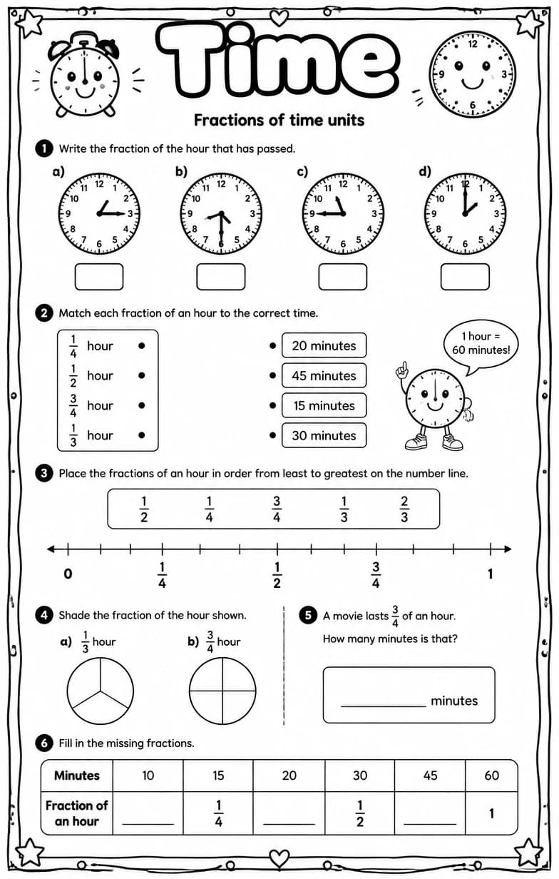 Fractions of time units — free printable Grade 4 math worksheet