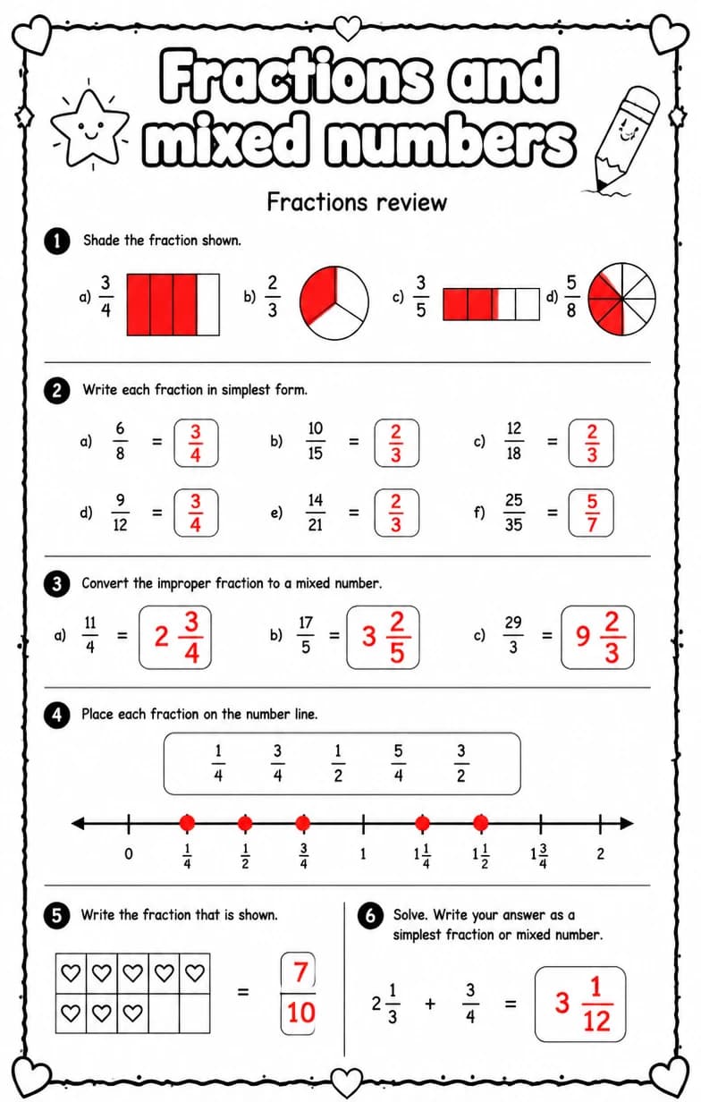 Answer key for Fractions review — free printable Math worksheet