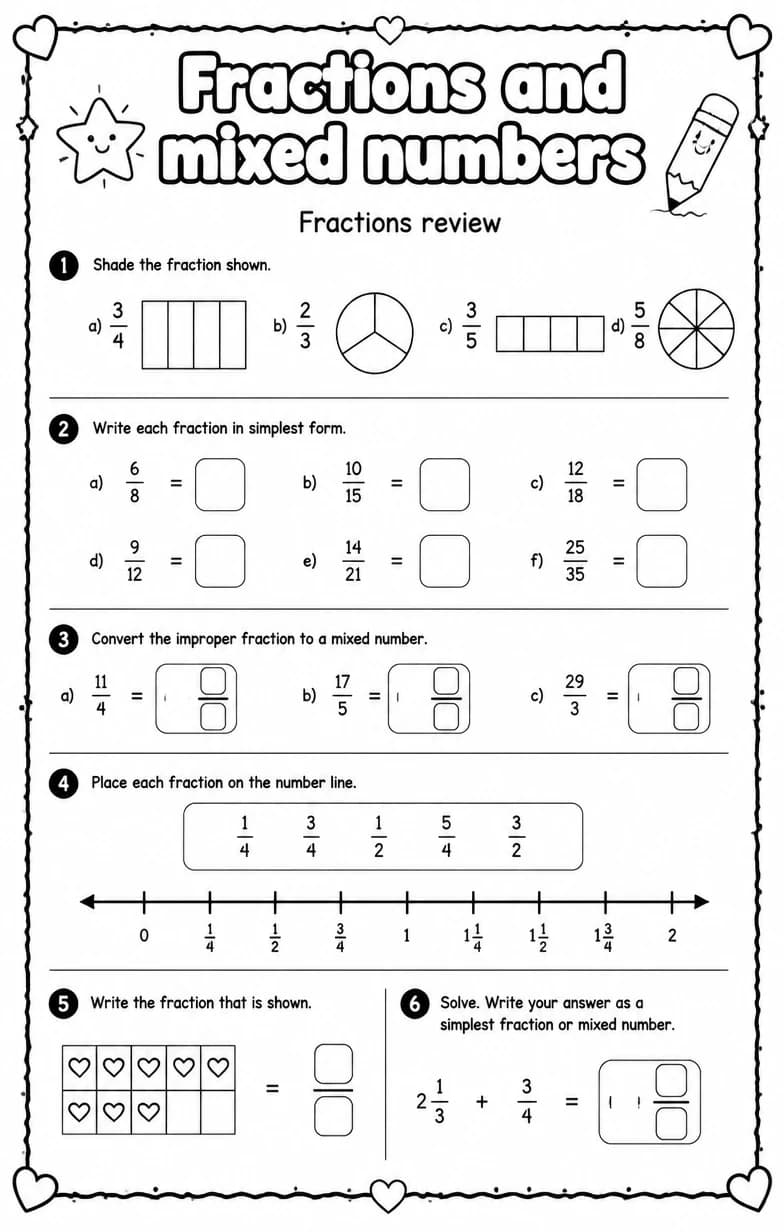 Fractions review — free printable Grade 5 Math worksheet