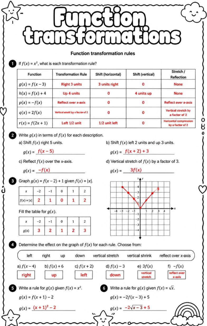 Answer key for Function transformation rules — free printable Math worksheet
