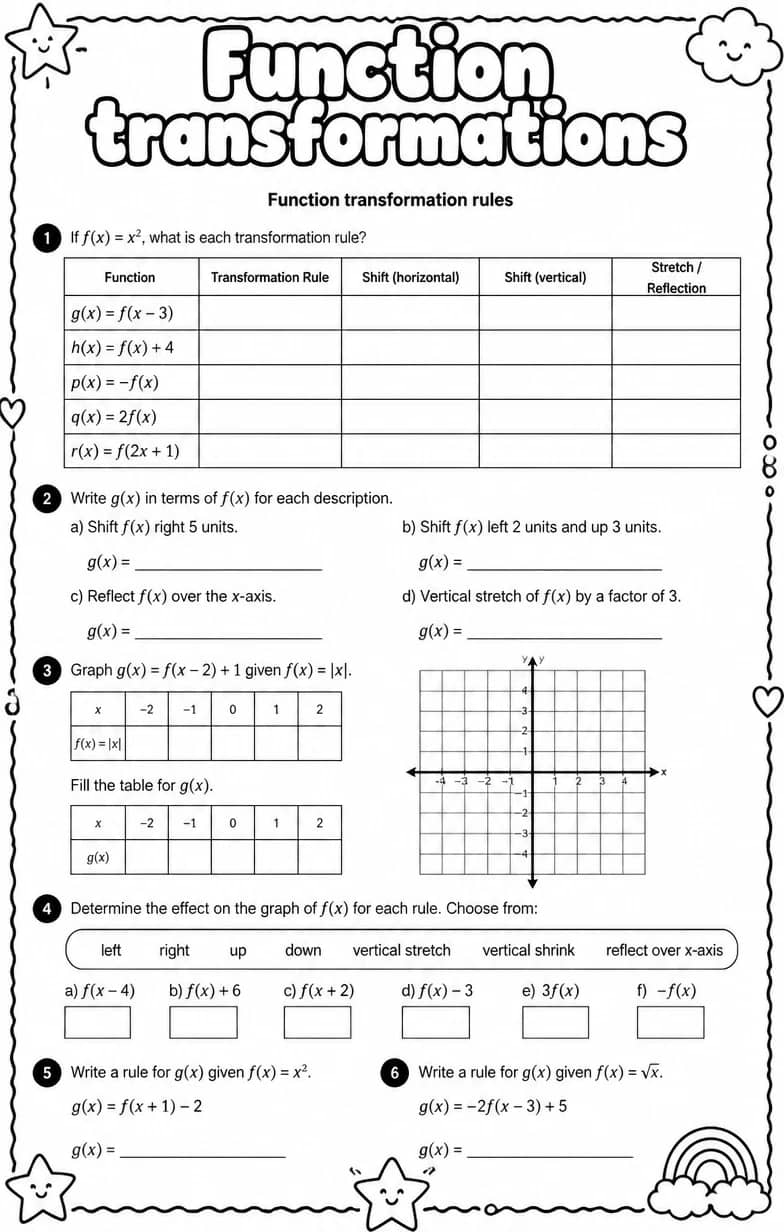 Function transformation rules — free printable Algebra 1 math worksheet