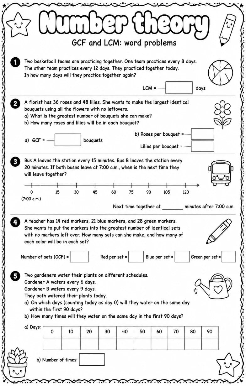 GCF and LCM: word problems — free printable Grade 7 math worksheet