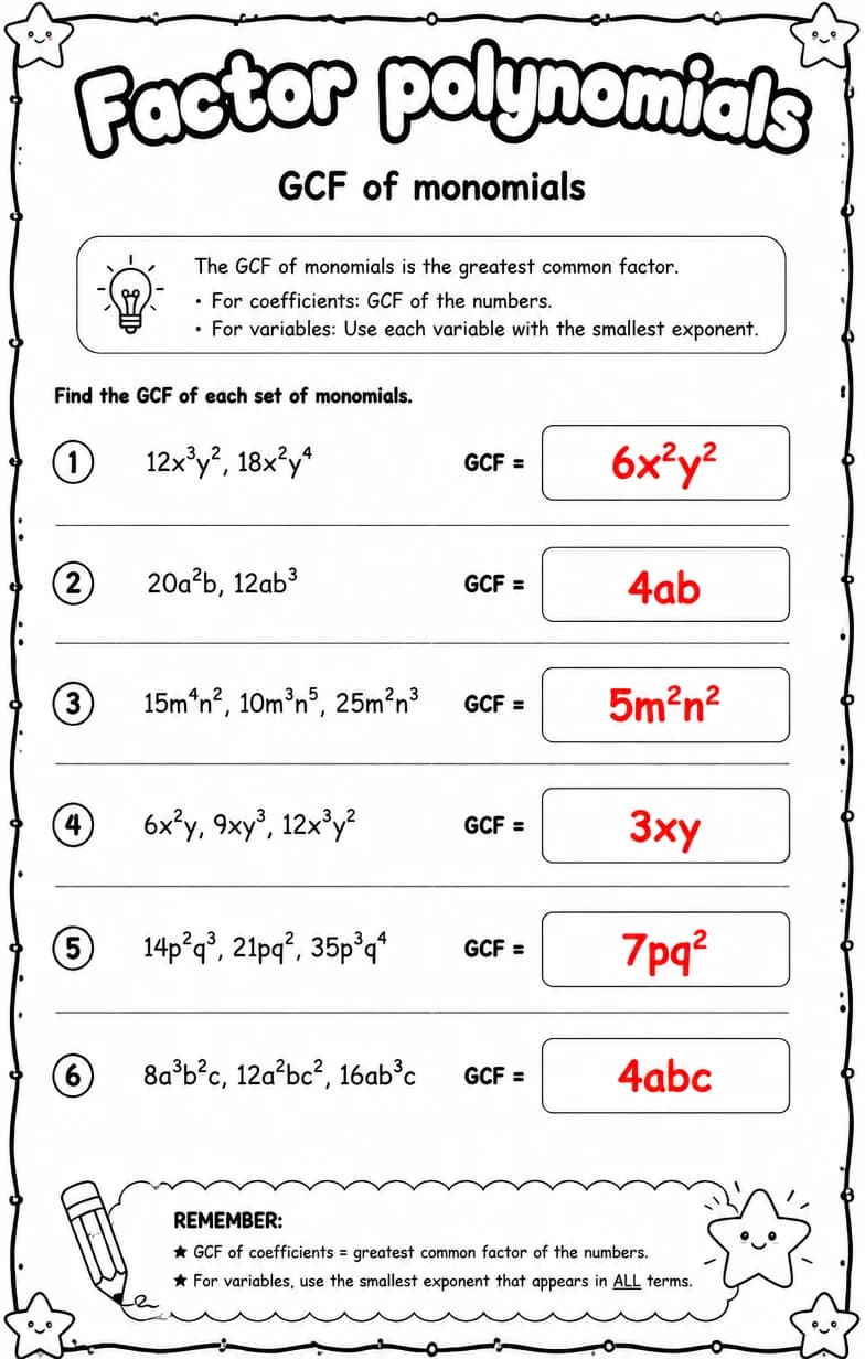 Answer key for GCF of monomials — free printable Math worksheet