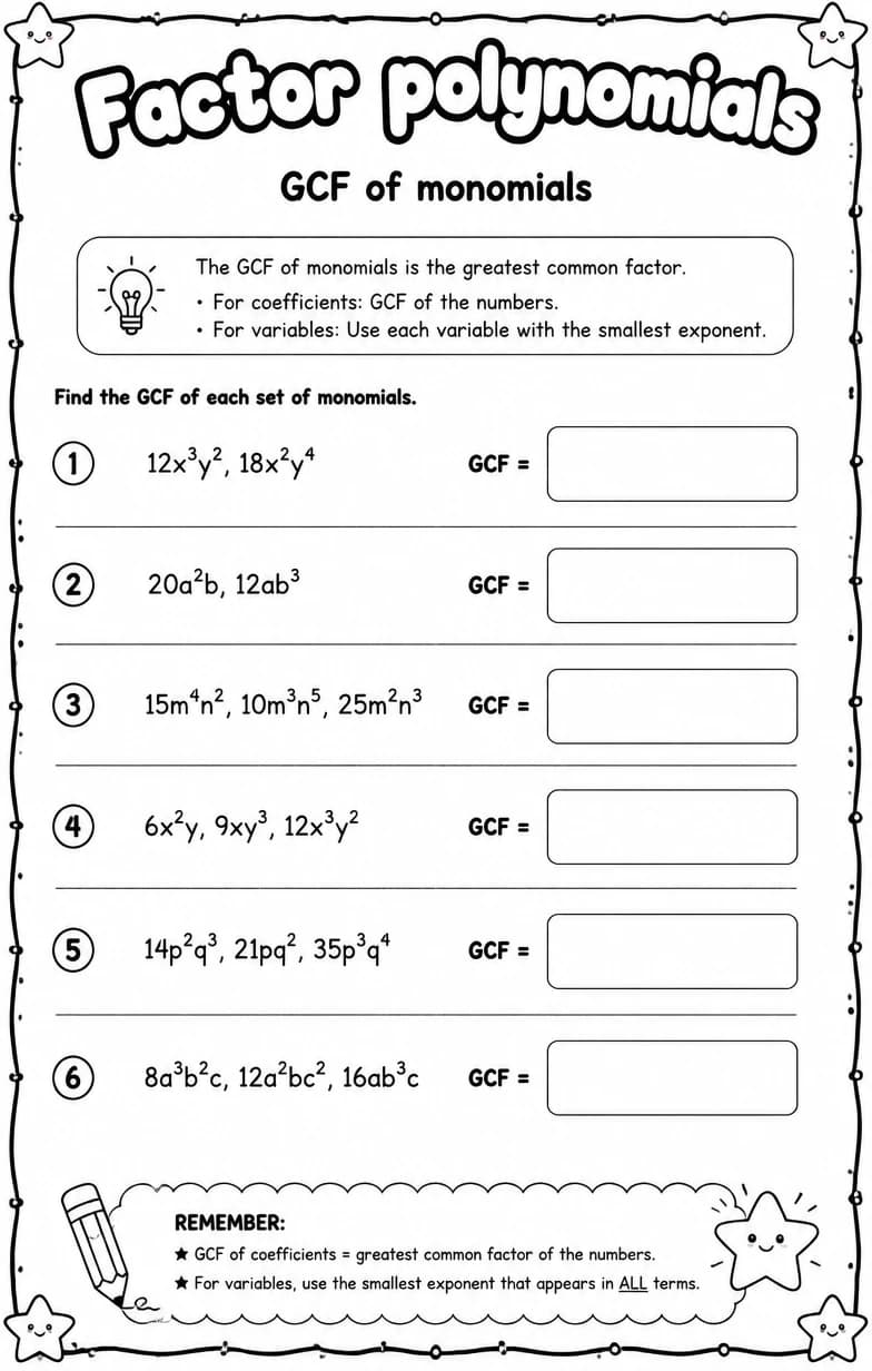GCF of monomials — free printable Algebra 1 math worksheet