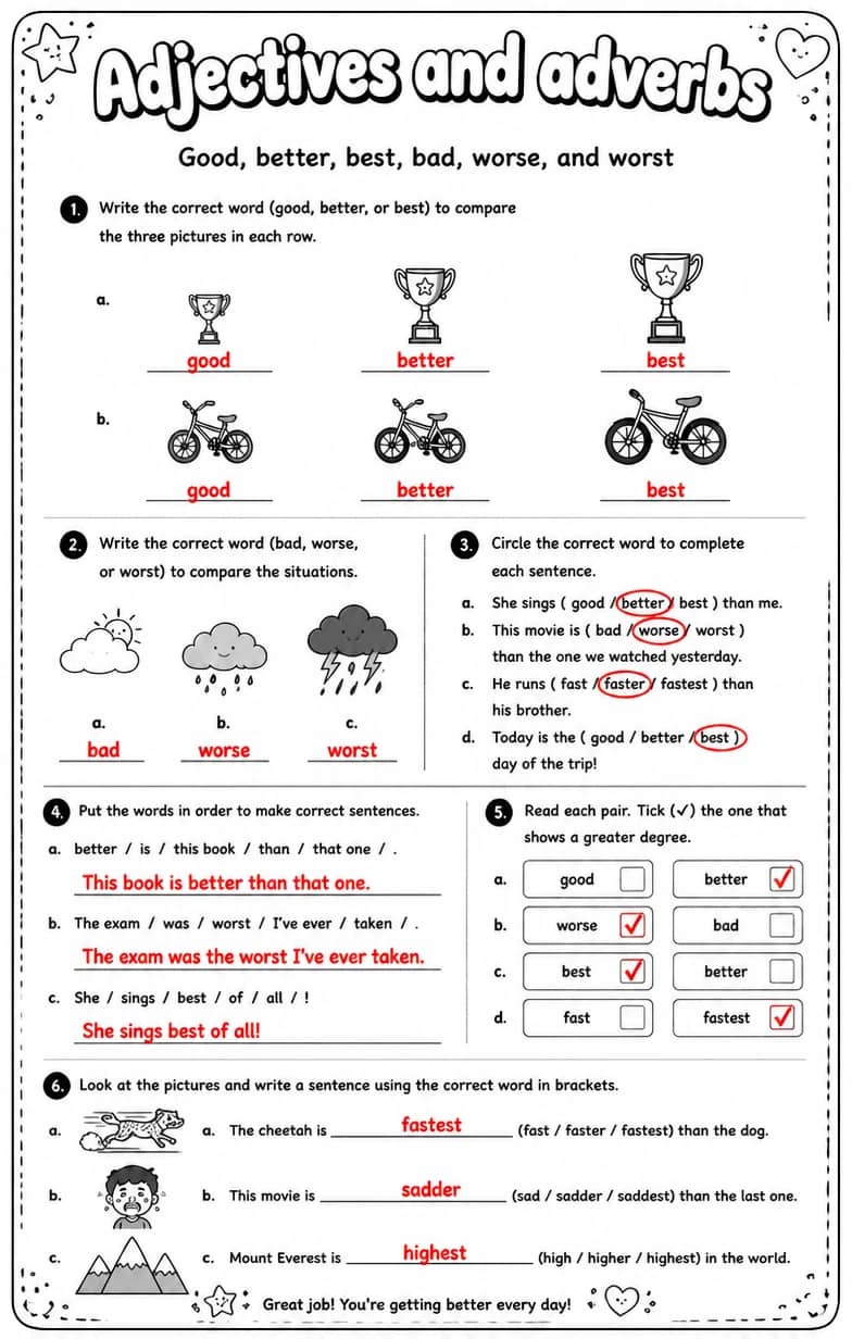 Answer key for Good, better, best, bad, worse, and worst — free printable English & Reading worksheet