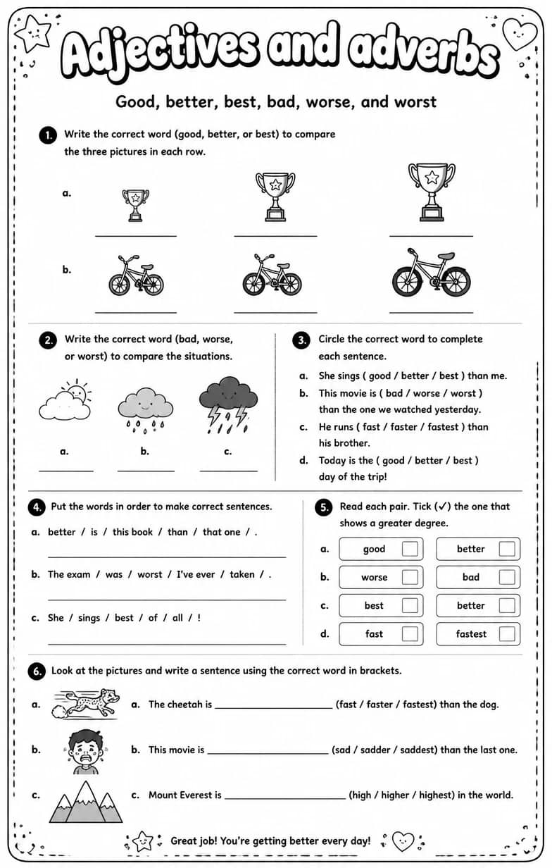 Good, better, best, bad, worse, and worst — free printable Grammar and mechanics English worksheet