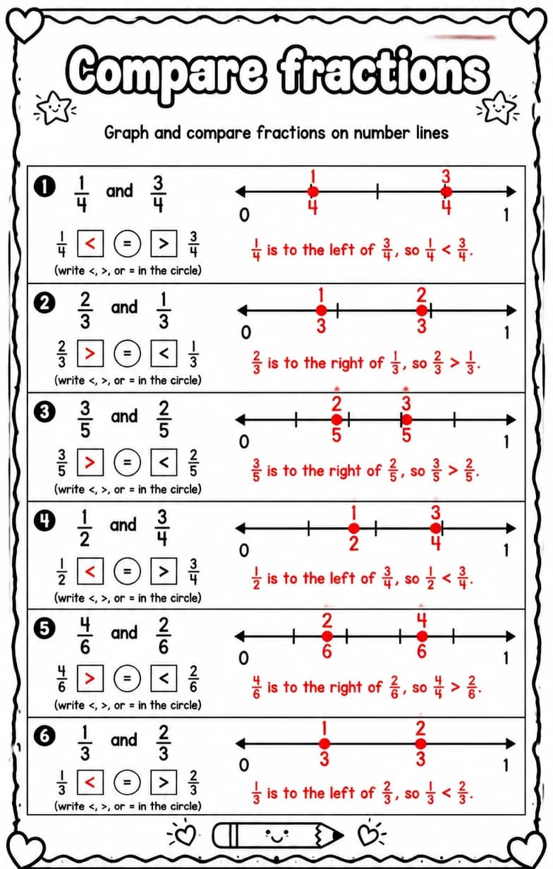 Answer key for Graph and compare fractions on number lines — free printable Math worksheet
