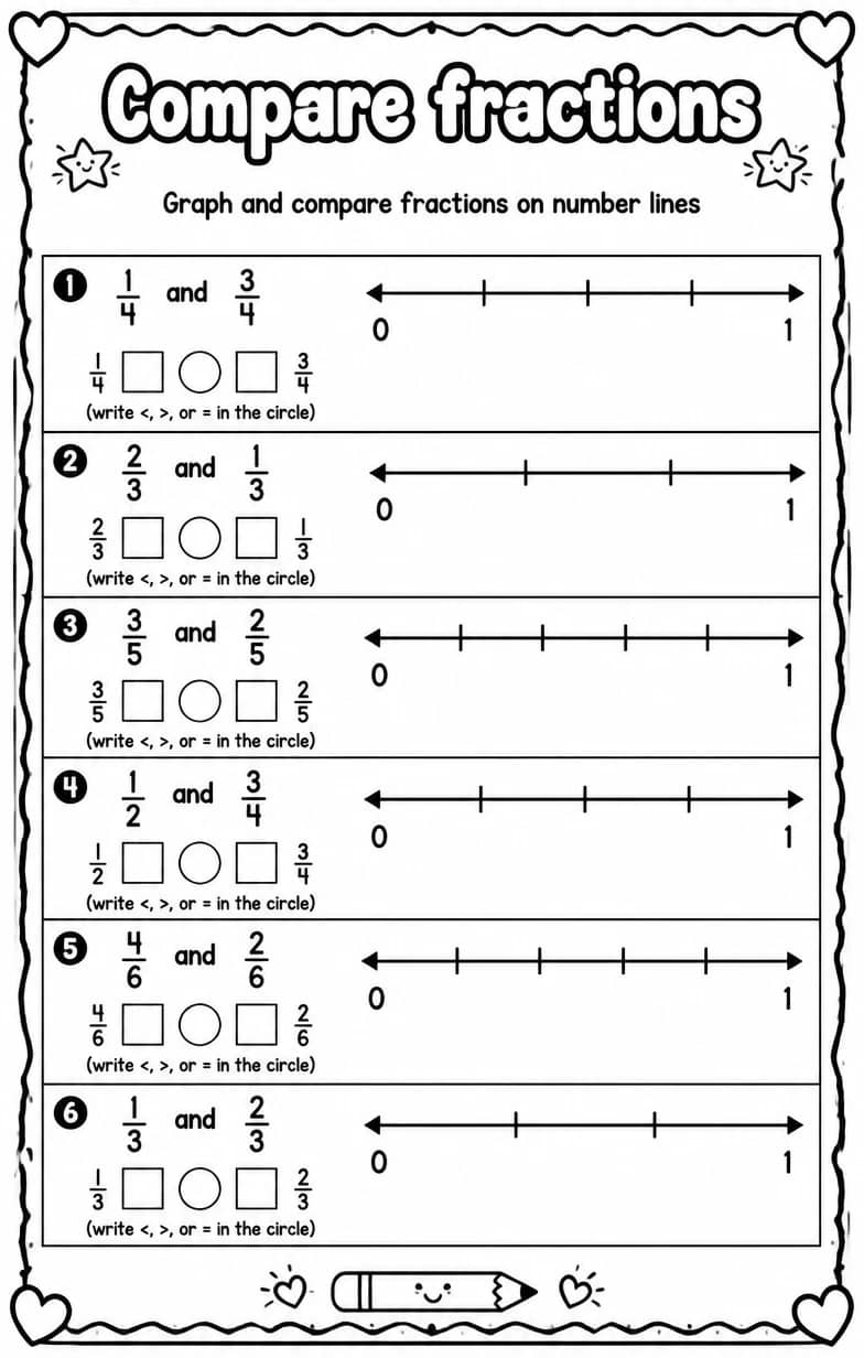 Graph and compare fractions on number lines — free printable Grade 3 math worksheet