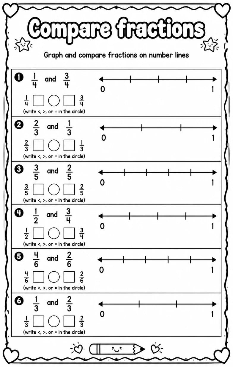 Graph and compare fractions on number lines — free printable Grade 3 math worksheet