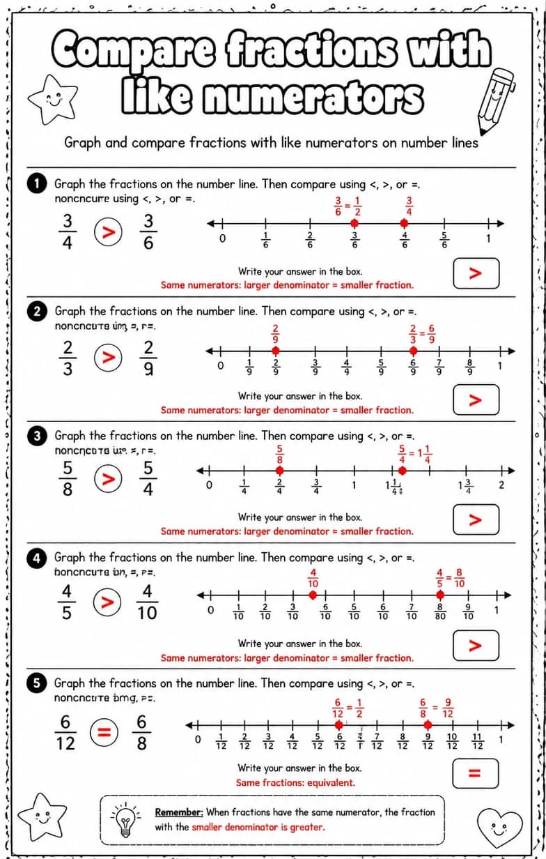 Answer key for Graph and compare fractions with like numerators on number lines — free printable Math worksheet