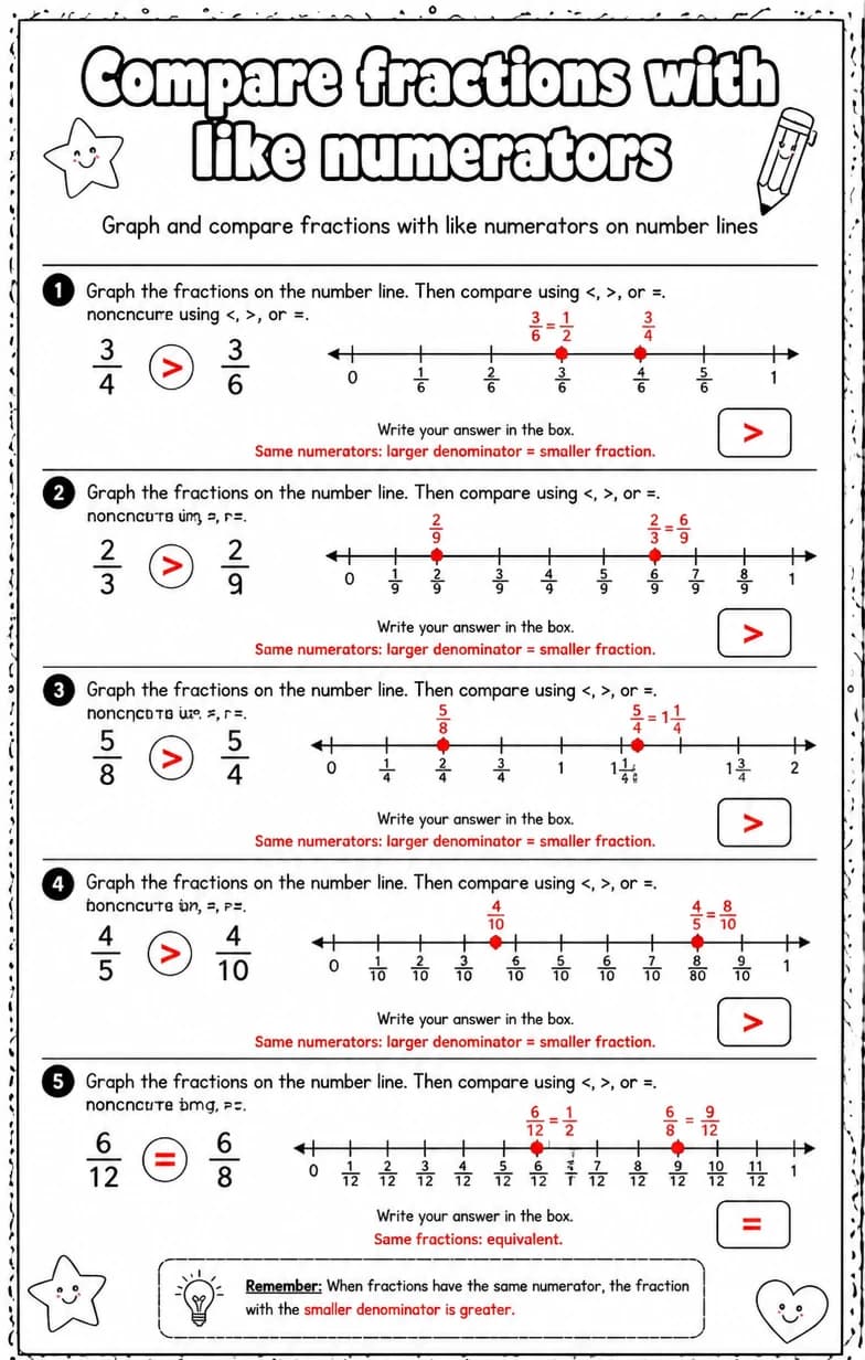 Answer key for Graph and compare fractions with like numerators on number lines — free printable Math worksheet