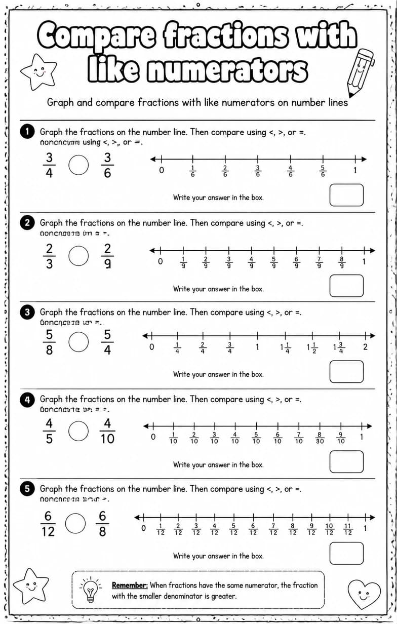 Graph and compare fractions with like numerators on number lines — free printable Grade 3 Math worksheet