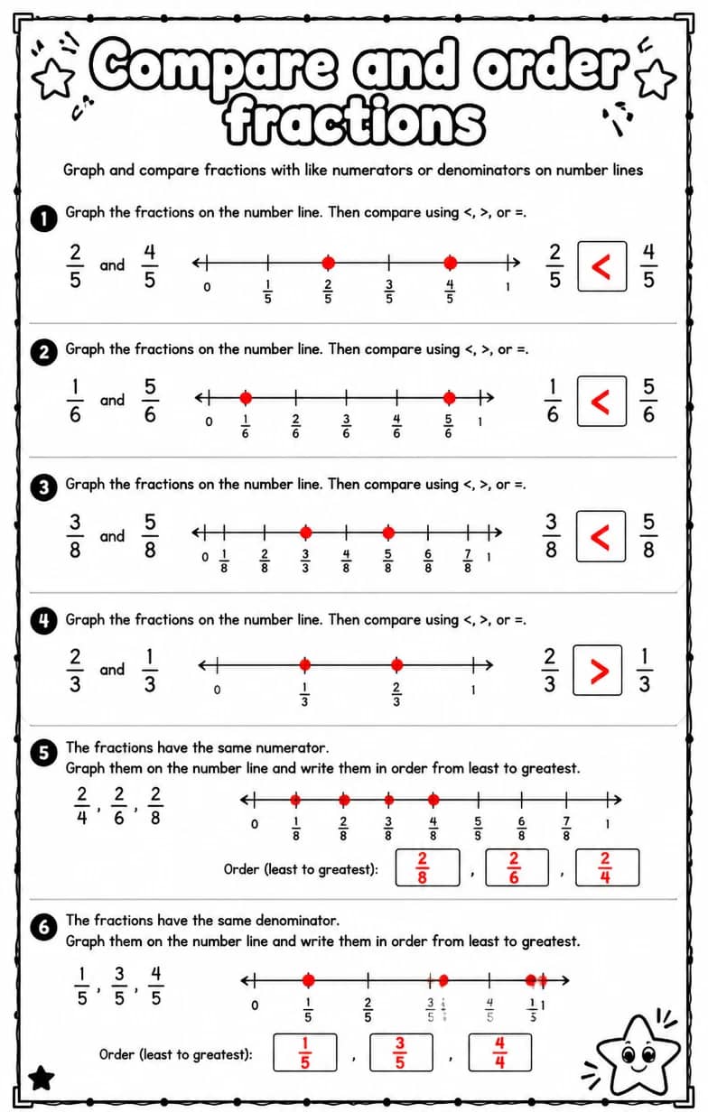 Answer key for Graph and compare fractions with like numerators or denominators on number lines — free printable Math worksheet
