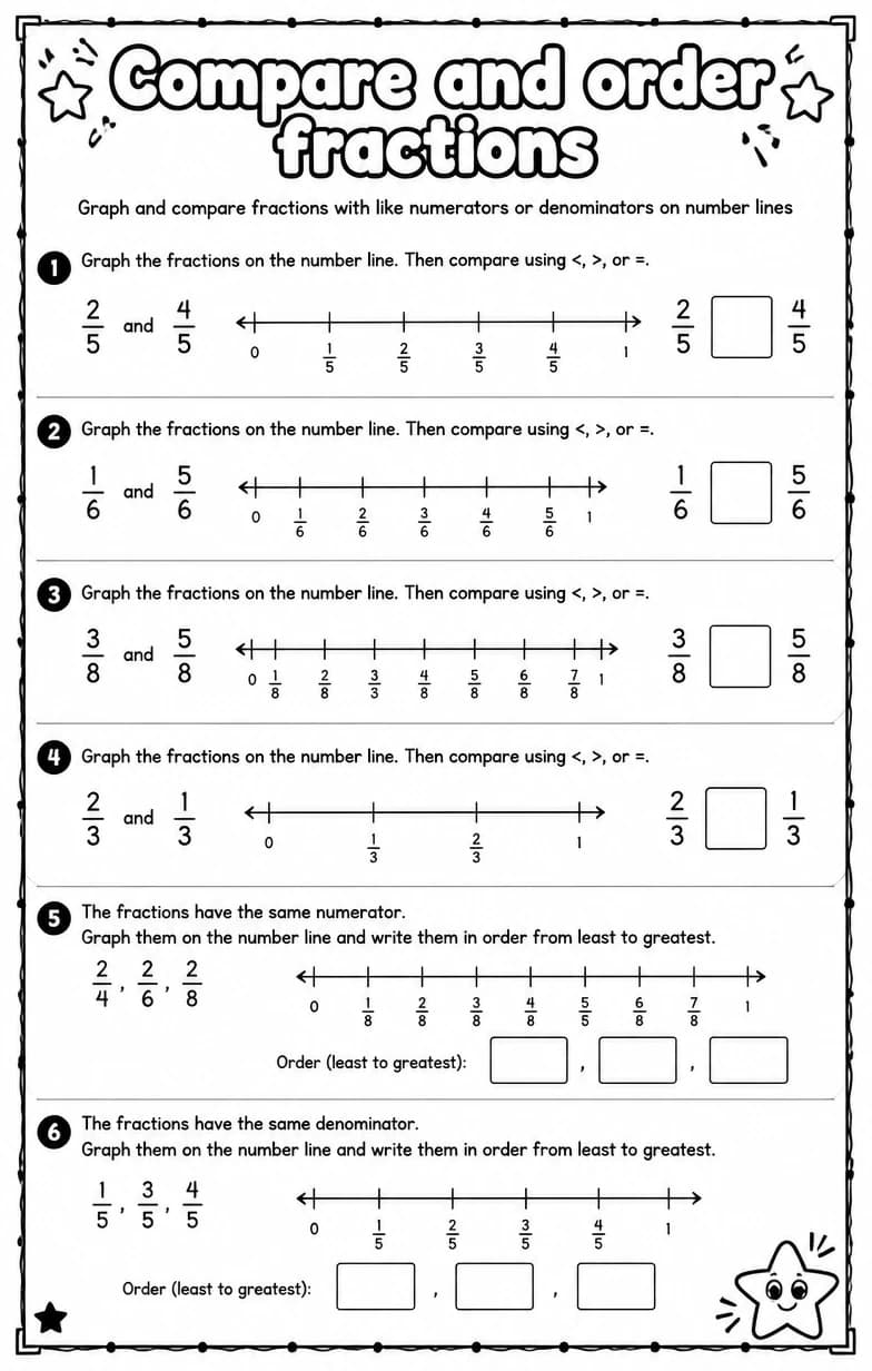 Graph and compare fractions with like numerators or denominators on number lines — free printable Grade 4 Math worksheet