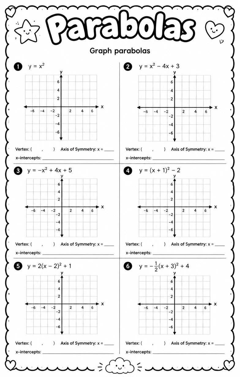 Graph parabolas — free printable Algebra 2 math worksheet